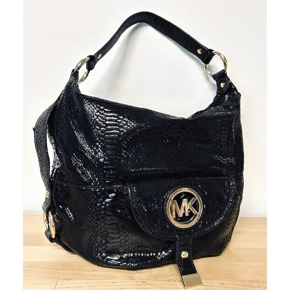 Vtg Michael Kors Fulton Bag Black Leather Embossed Snakeskin Hobo Slouchy Luxury